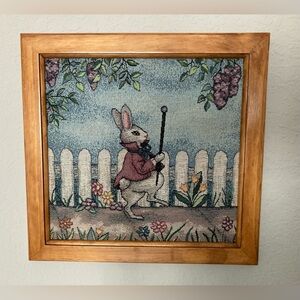 Vintage Framed Tapestry White Rabbit Standing in the Garden 15 x 14"